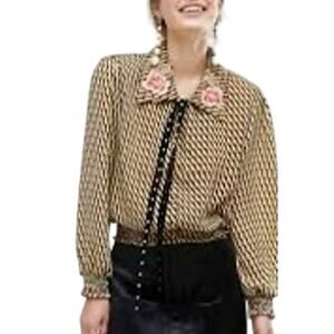 Sister Jane Vintage Embroidered Pearl Tie Geometric Blouse Smocked Long Sleeve L